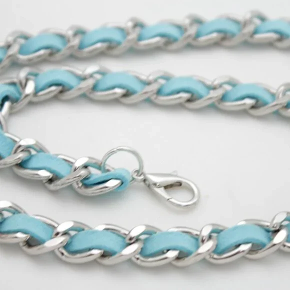 Women Skinny Silver Metal Chain Link Belt Turquoise Blue Waistband Size M L XL - Picture 9 of 17